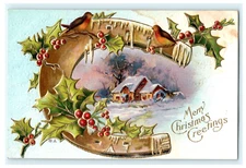 c 1910 A Merry Christmas Horse Shoe Birds Home Winter Scene - Damaged