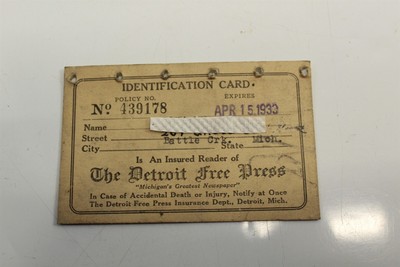 Vintage 1933 ID Card Insured Reader Of The Detroit Free Press Michigan