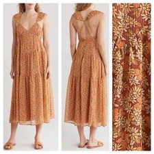 Madewell Yellow Orange Floral Georgette Ruffle Sleeve Tiered Midi Dress