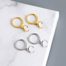 925 Sterling Silver Dangle Crescent Moon Hinged Huggie Hoop Earrings A1396