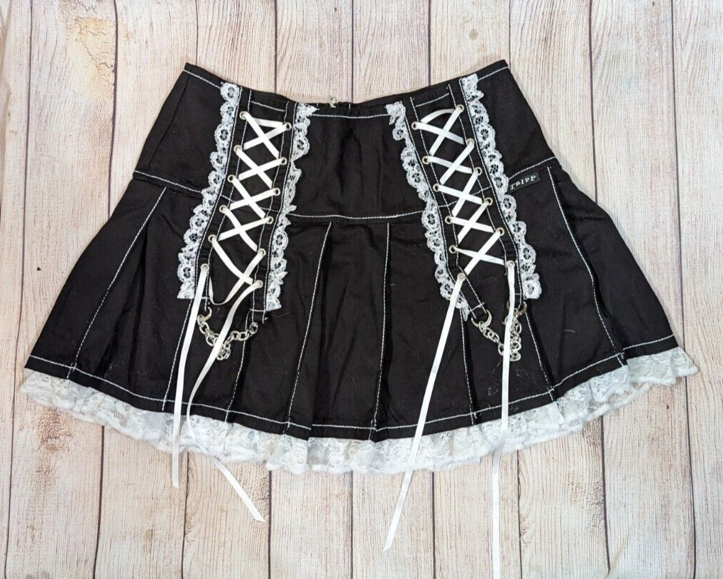TRIPP Women's Lolita Pleated Skirt Lace Ribbon Black White Size