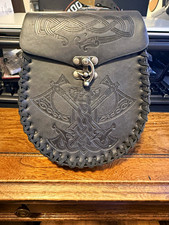 Black faux Leather Medieval Gothic Belt Pouch Celtic Knot Axe Embossed Latch