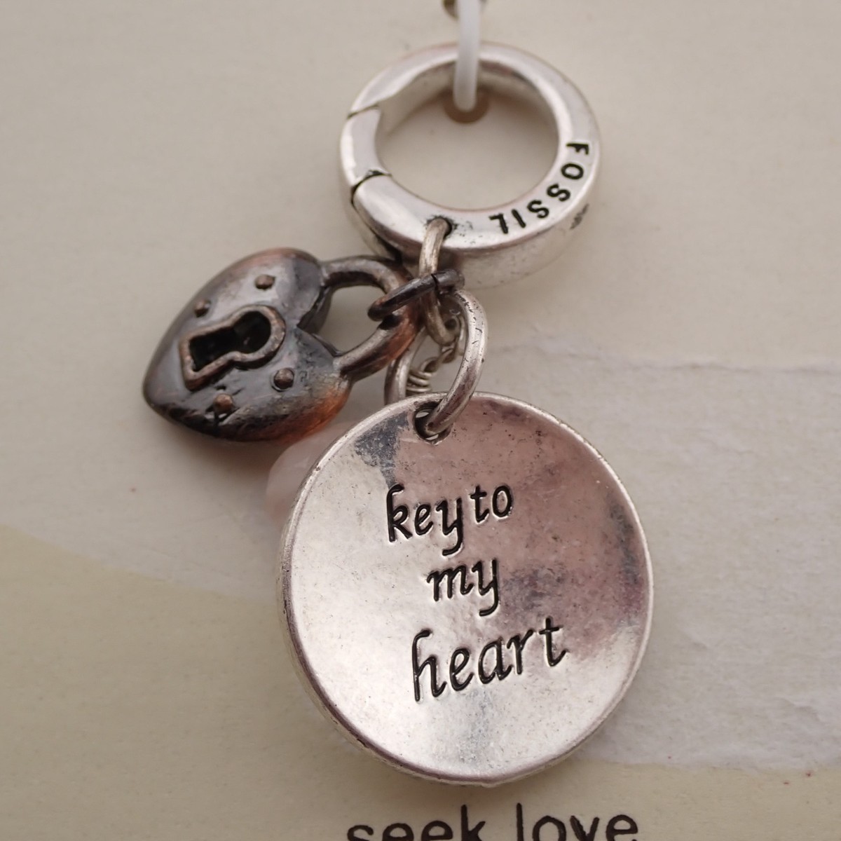 Fossil Key To My Heart Seek Love Dangle Clip On Silver Tone Charm
