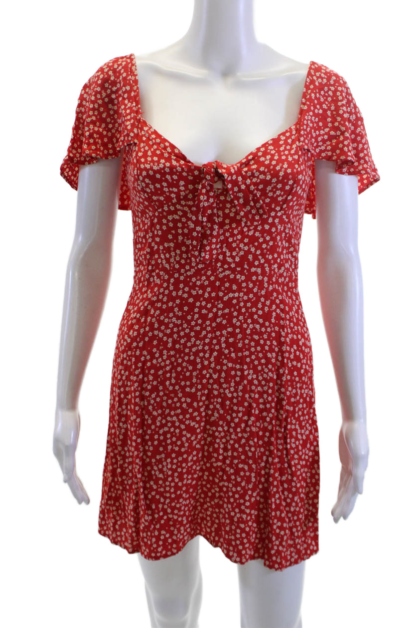 Zara Women Fit & Flare Sundress Red Square Neck Tie Waist Floral Size XSFree Shipping in US $100+ Orders | $6.95 Orders Below