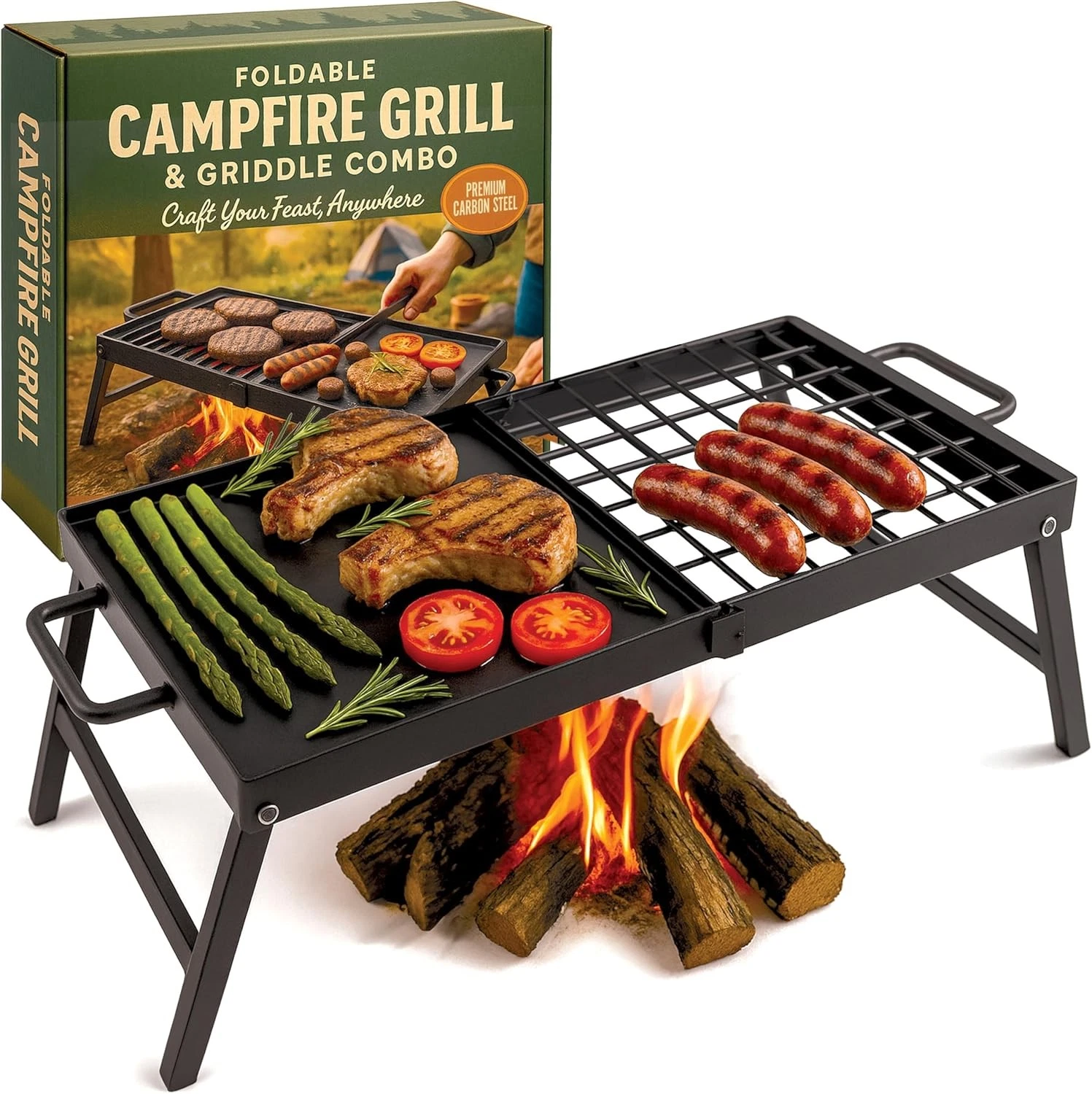 Carbon Steel Foldable Campfire Grill Portable Grill Grate &Griddle Fold-Out Legs