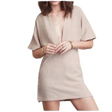 Reformation Beige Mini Dress with Pockets | V Neck Minimalist Fall Made in USA