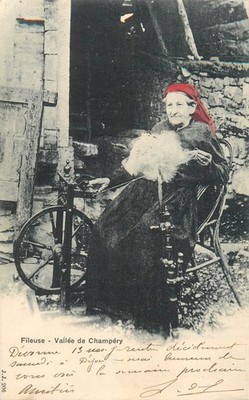 B564 French folk type Vallee de Champery woman spinner spinning wheel 1901