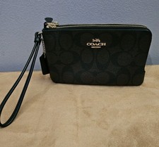 Coach Double Corner Zip Wristlet In Signature Canvas Dark Brown Excellent  