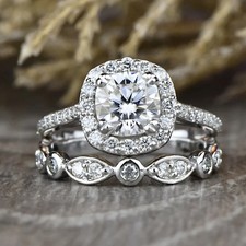 Bridal Set Cushion Cut Moissanite Art Deco Engagement Ring 14k White Gold Plated