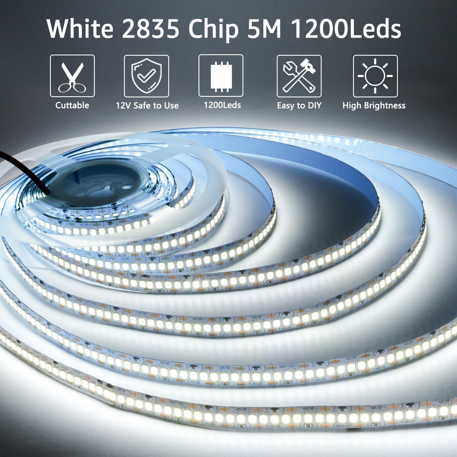 12V LED Strip Lights, 240 LEDs/M, Total 1200 LEDs White 6000K 16.4 ft Light S...