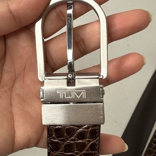 TUMI Men’s Brown Reversible Leather Belt Croc Embossed Silver Buckle 38” Luxury - Picture 6 of 8