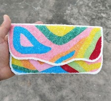 Handmade Multicolor Abstract Seed Bead Clutch   Trendy Evening Purse Bag