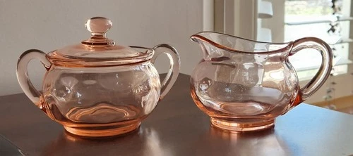 Vintage Heisey "Yeoman" Depression Glass Creamer And Sugar Set "Flamingo" Pink