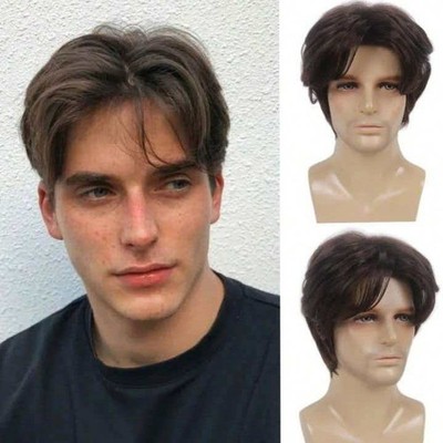 Men's 12in Brown Straight Wig Heat Resistant Synthetic Full Cosplay Party