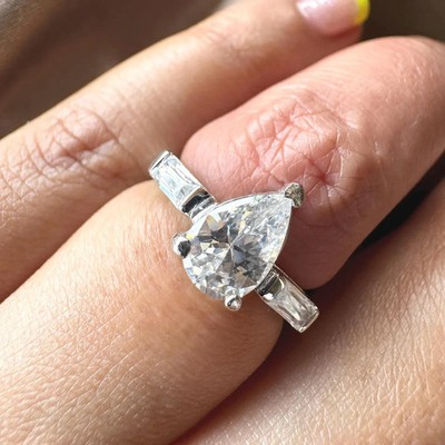 3Ctw Pear Cut Real Moissanite Engagement Solitaire Ring 14K White Gold Plated