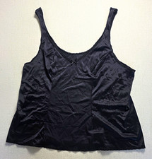 Vintage Black Nylon Satin Camisole Top with Lace Trim  Center Bow Size L