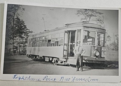 1936 New Haven Lighthouse Point Connecticut CT rppc TROLLEY REAL PHOTO Post Card