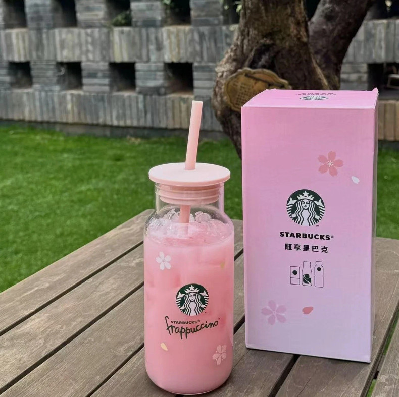 HOT Starbucks 500ml Pink Sakura Glass Coffee Cup Shake Straw Cup Milk Cups Gifts