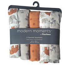 Modern Moments by Gerber 5 Pack Flannel Baby Blankets 30x30 Cotton Safari