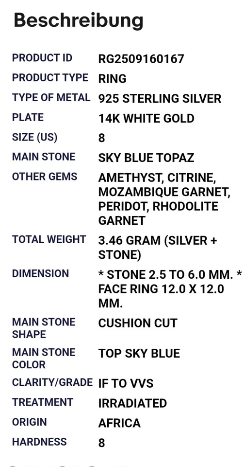 925 Sterling Silber Ring Kissen Topas 6mm Citrin Peridot Edelstein Schmuck - Bild 4 von 4