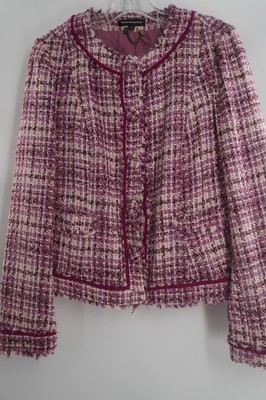 Express VintageY2K 2008 Design Studio Purple Pink Tweed Blazer Fringe Trim Sz 10