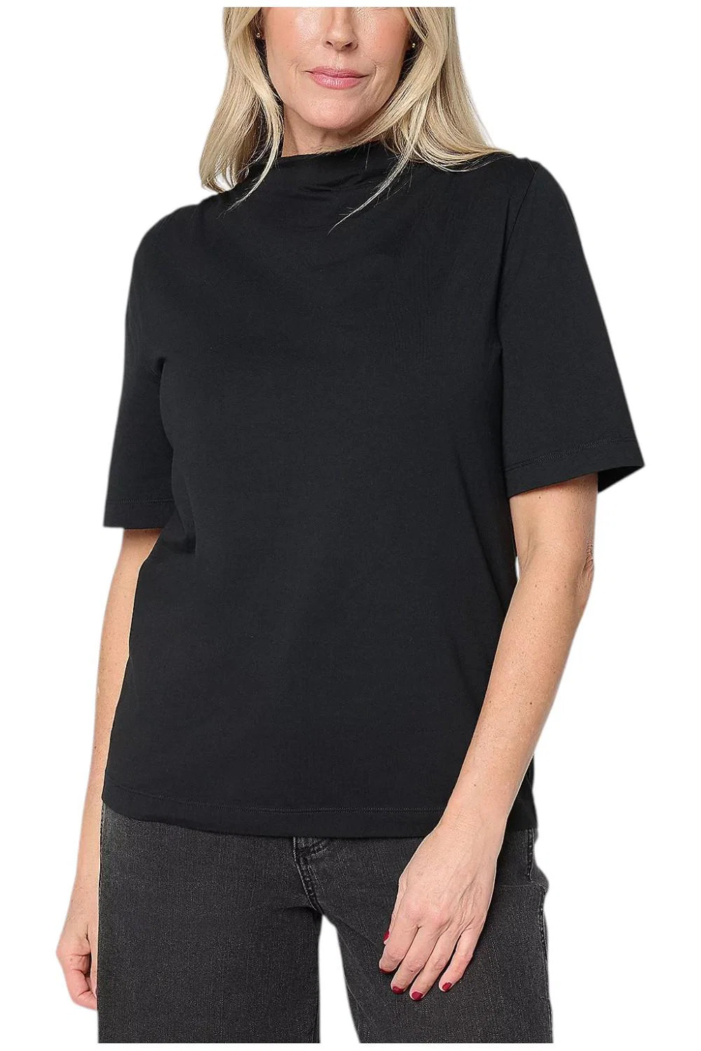 Peace Love World Women`s Shirred Shoulder Funnel Neck Tee Blk
