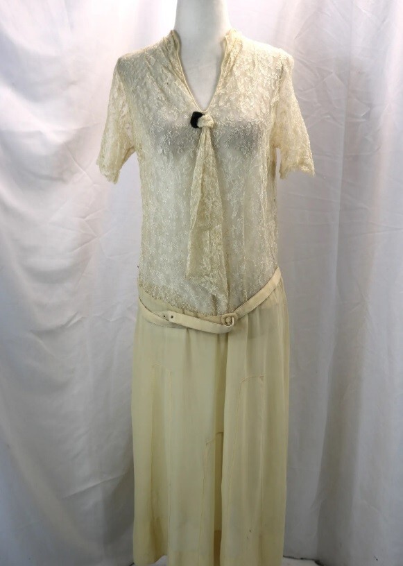 Vintage Ivory 1920s Sheer Lace Silk Drop Waist Flapper Dress Original Belt  Sz M | eBay