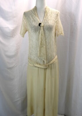 Vintage Ivory 1920s Sheer Lace Silk Drop Waist Flapper Dress Original Belt  Sz M | eBay
