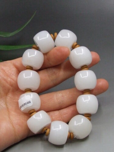 Bracelet bracelet bracelet bracelet bracelet en jade blanc néphrite naturelle Hetian sculpté jade GIR 18 mm perles - Photo 1 sur 6