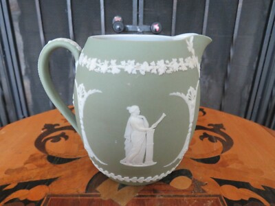 Wedgwood Olive Green Jasperware Muses Trophy Emblem Orange Jug Pitcher (c.1890s)