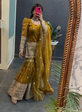 Presenting Yellow Soft Twine Net Top Palazzo With Dupatta For Haldi Function