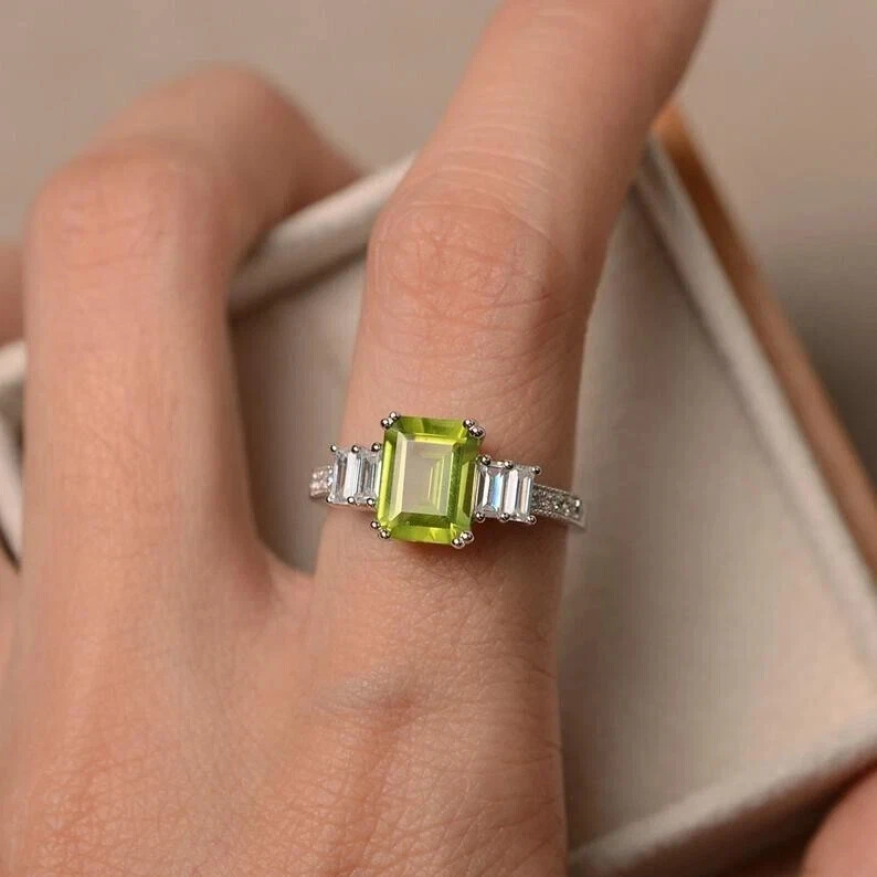 3.00 Ct Natural Peridot & Diamond Valentine's Day Ring 14K Real White Gold Solid - Image 3 of 4