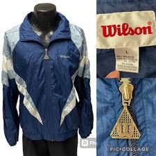 Vtg 90  s Wilson SHINY Blue Nylon Windbreaker LOGO Track Suit STREETWEAR Jacket