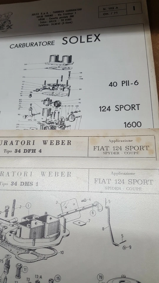 3 fogli spaccato dei carburatori weber e solex fiat 124 sport spyder-coupé - Immagine 2 di 2