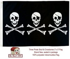 Jolly Roger Pirate Flag 3x5 Three Skull Crossbones Banner New VGC