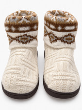 MUK LUKS Womens 7-8 Cream Fair Isle Knit Slipper Boots Faux Fur Cozy Boho
