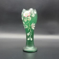 Antique Carl Goldberg Hand-Painted Florals Bohemian Green Satin Glass Vase