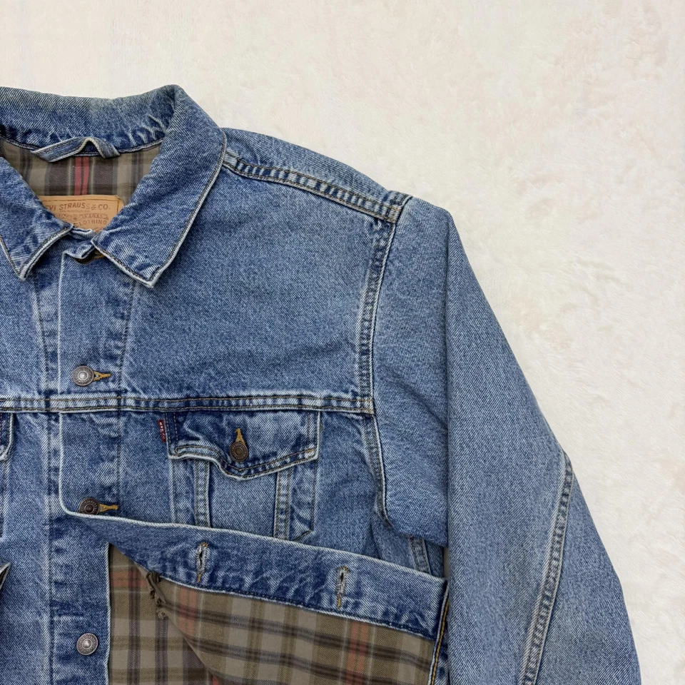 Vintage Levis Jacket Mens Large Blue Denim Plaid Lined Flannel Trucker Coat 90s - Image 3 of 4
