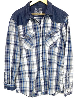 Tom Tailor Original Shirt Men s Denim Button Down Size XL Reversible Blue/Grey