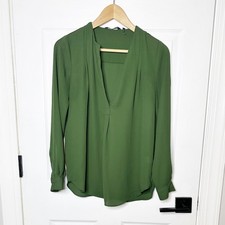 Zoa New York Blouse Womens XS Green Excellent V-Neck Pleated Long Sleeve TDB600