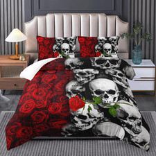 Gothic Skull Rose Queen Bedding Set - Black Red Comforter Quilt