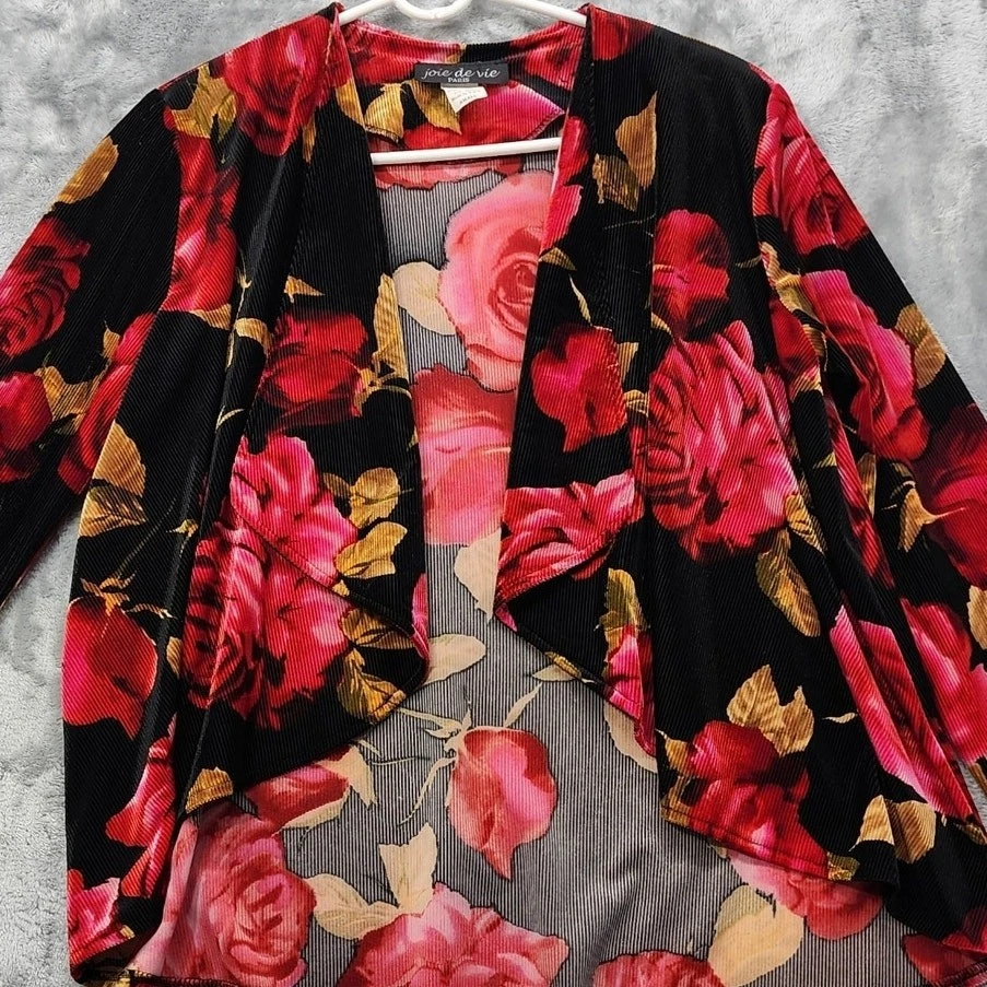 Jaqueta Joie De Vie Paris Feminina S Vermelha Preta Floral Veludo Veludo Frente Aberta - Imagem 2 de 4