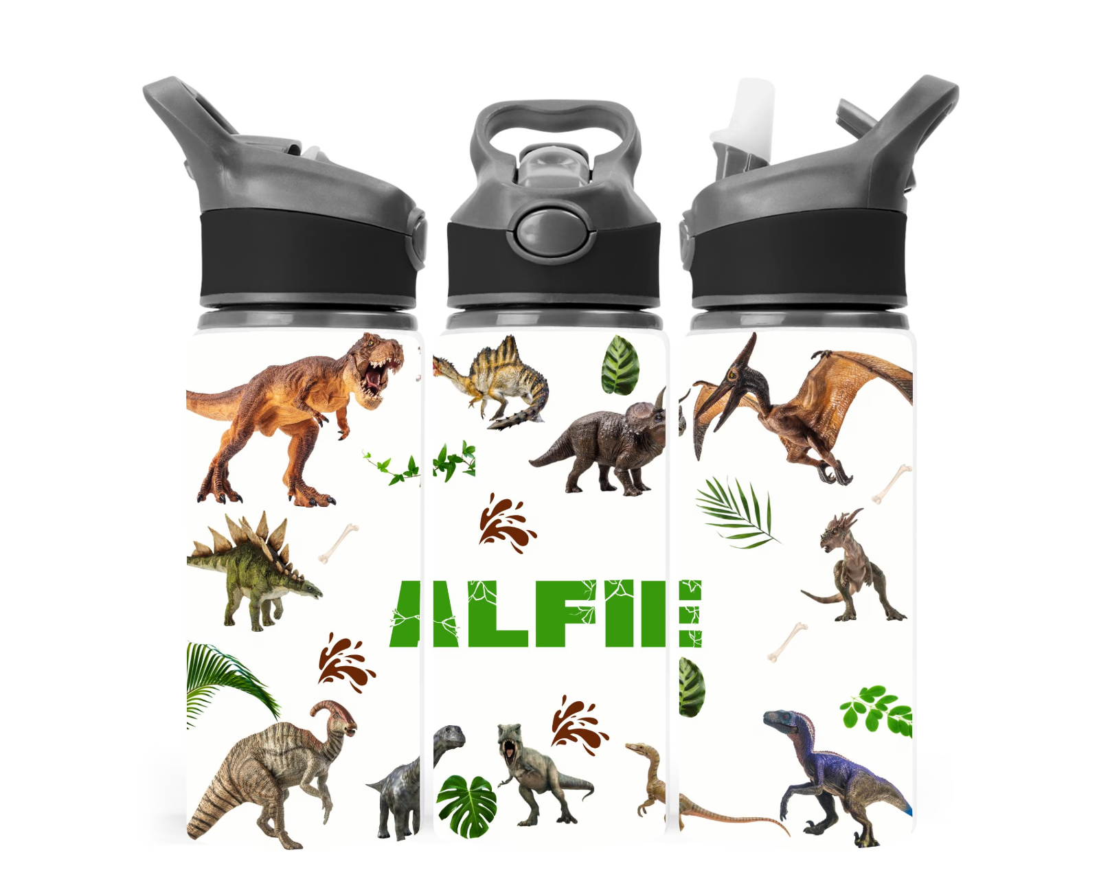 Personalised Dinosaur Water Bottle – Add Any Name & Choose Your Lid Colour