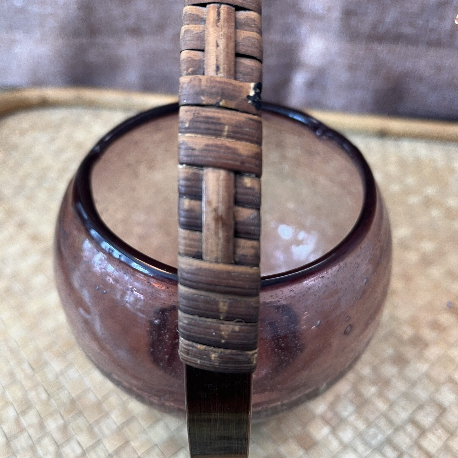 Hand Blown Amici Purple Seed Glass & Copper Watering Can, Raffia Wrapped Handle