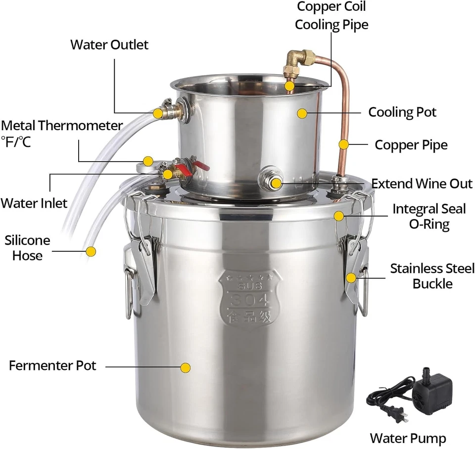 Destilador de Alcohol - Kit de Licores con Bomba de Circulación, Tubo de Cobre Termómetro Doble Foto 2 de 4