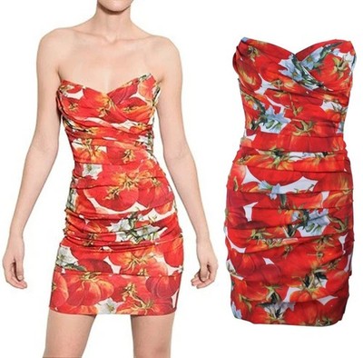 Dolce & Gabbana SS2012 Tomato Print Ruched Silk Bustier Corset Mini Dress IT38