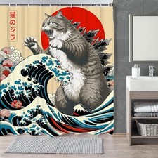 Funny Japanese Cat Shower Curtain,Vintage 60"W x 72"L Pack of 1 Grey Red Blue