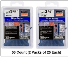 Concrete Screws 1/4" x 3-3/4" Hex-head Simpson Strong Tie Titen Turbo (50 Count)