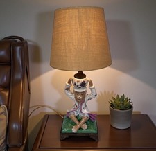 VTG Hand Painted Porcelain Monkey MCM Table Lamp Chinoiserie Figural Brass Base