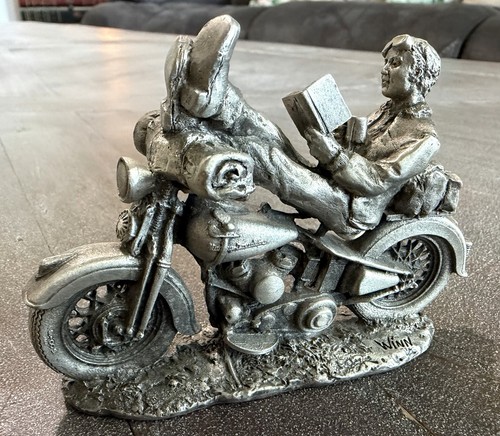 MCMXC Harley Davidson Motorcycle Pewter Man Reading Book Springer Flathead RARE!